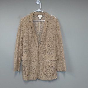Chico's Tan Open Crochet Lace Front Snap Jacket